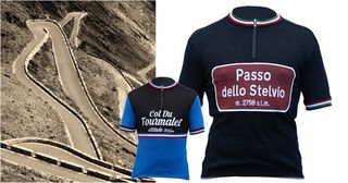 Wool cycling jerseys of the lassic cycling climbs. Passo Stelvio, Alp d'Huez, Tourmalet