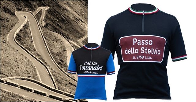 Wool cycling jerseys of the lassic cycling climbs. Passo Stelvio, Alp d'Huez, Tourmalet
